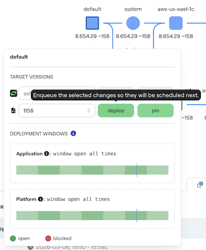 Picture of instance hover card with build selector and deploy button
