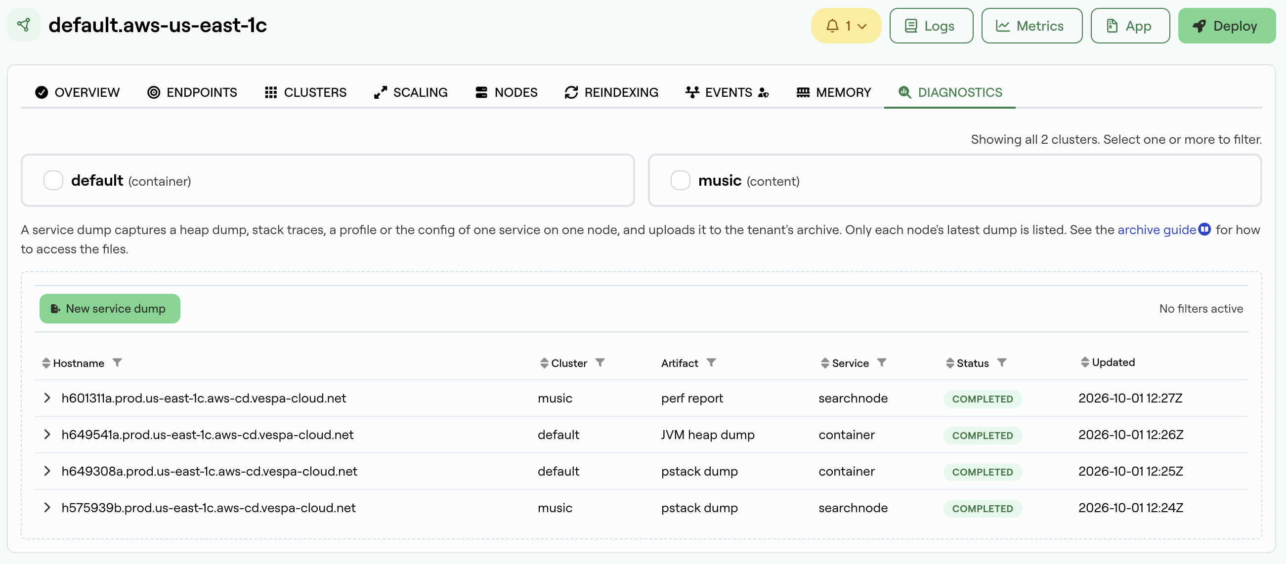 The Diagnostics tab of a deployment in the Vespa Cloud Console