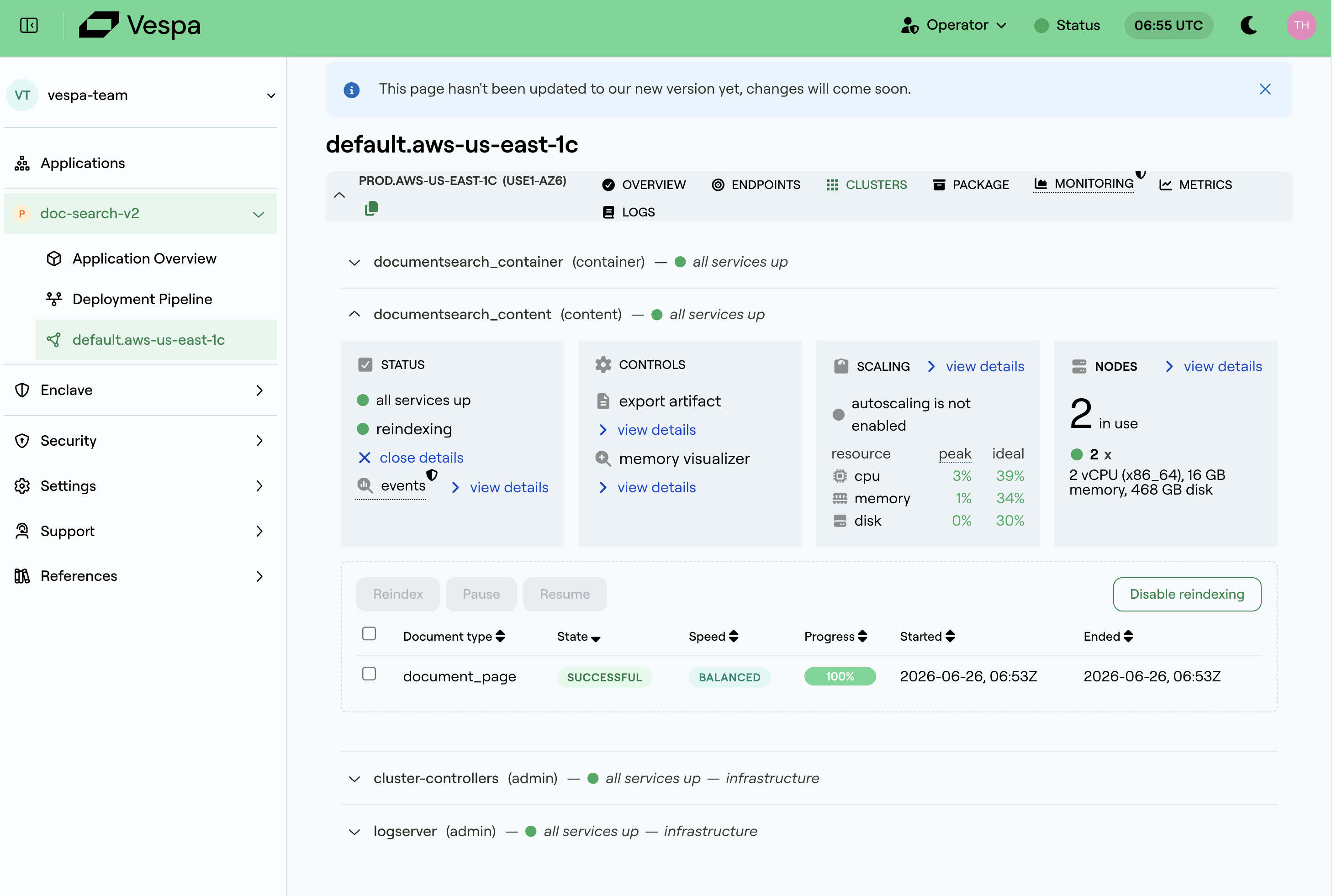 A completed reindexing showing state successful and 100% progress