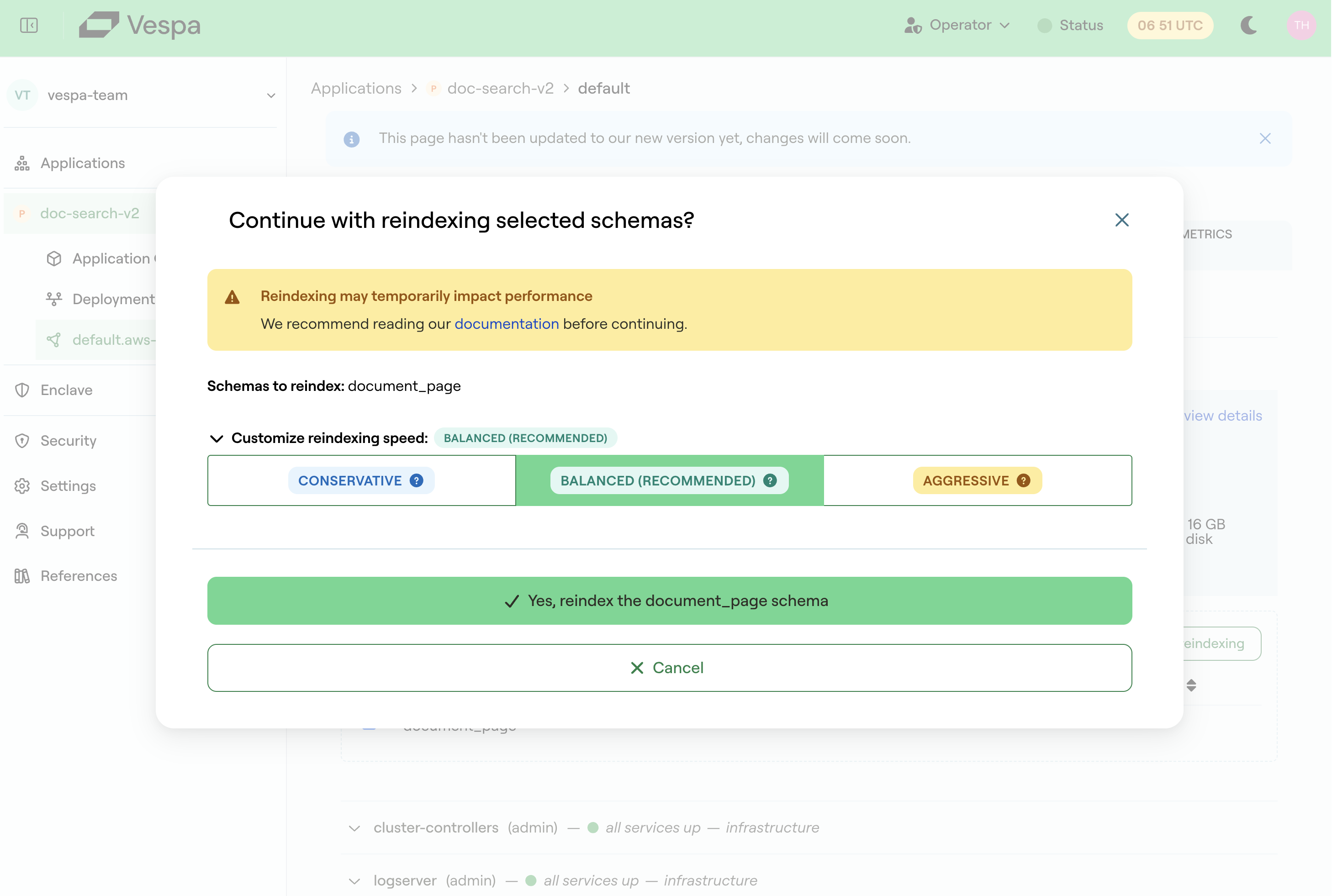 Dialog for confirming reindexing and selecting the reindexing speed
