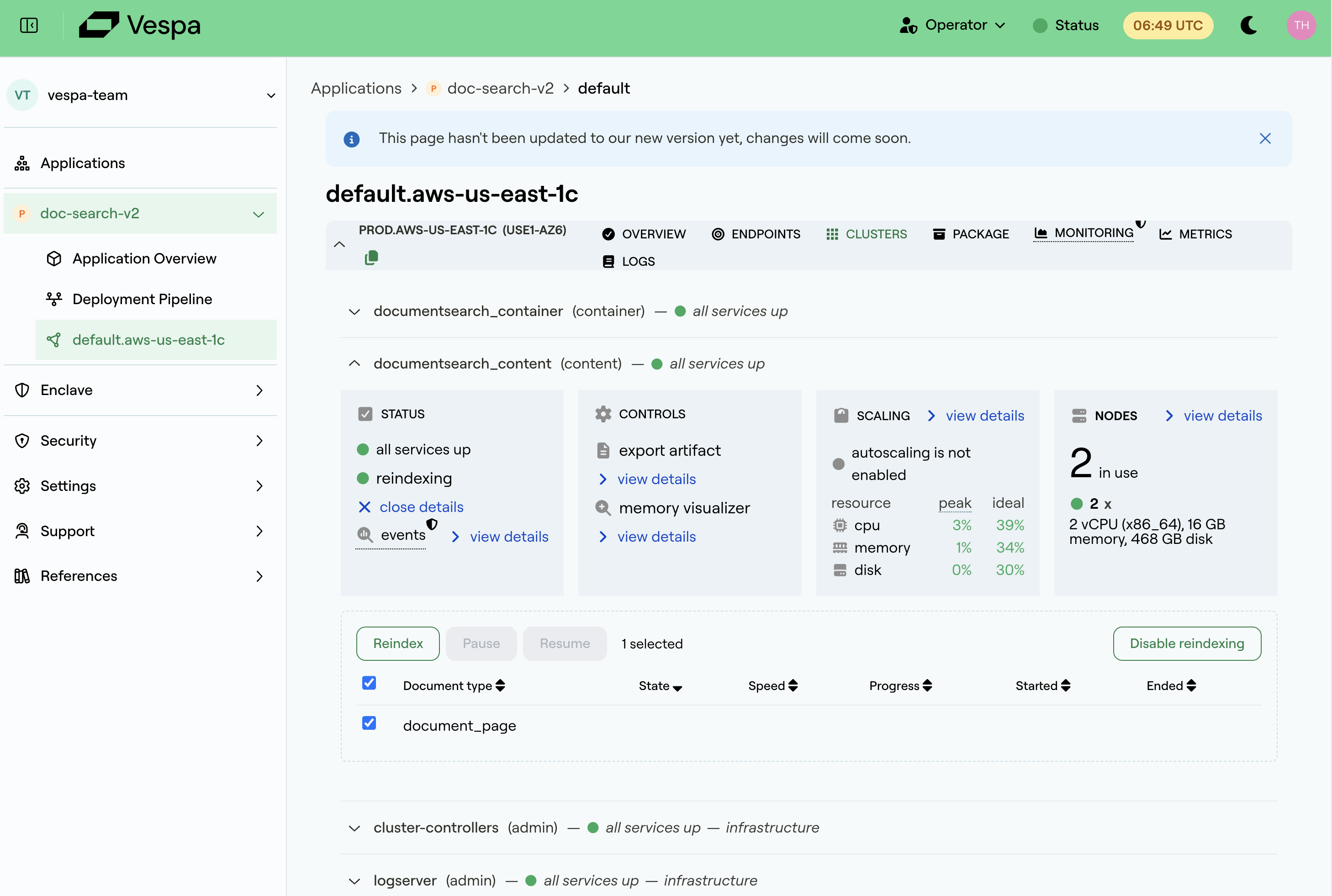 Reindexing table and controls for a content cluster in the Vespa Cloud console