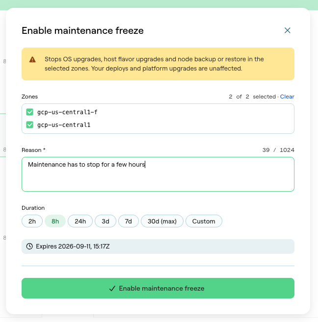 Freezing maintenance in selected production zones